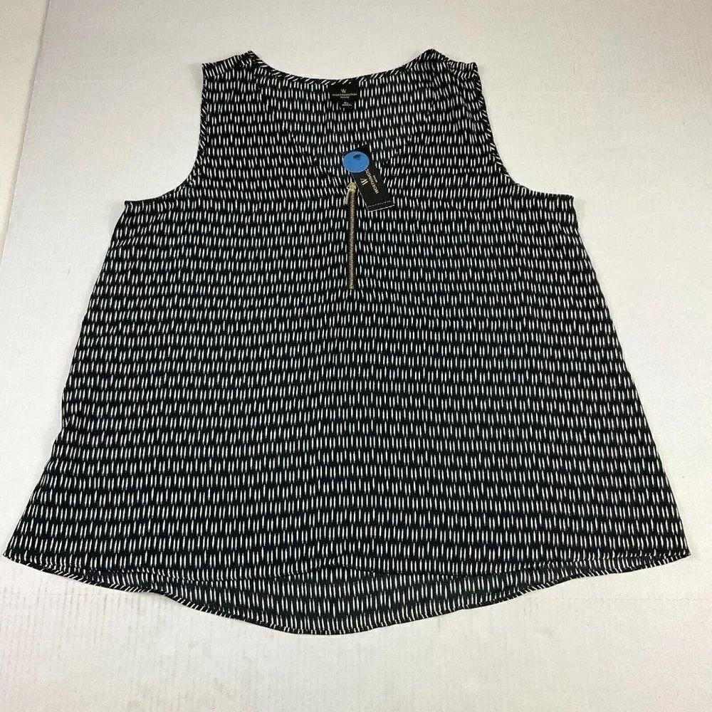 Worthington 1/4 Zip Blouse Black White Sleeveless V-Neck Shirt PL Petites NEW